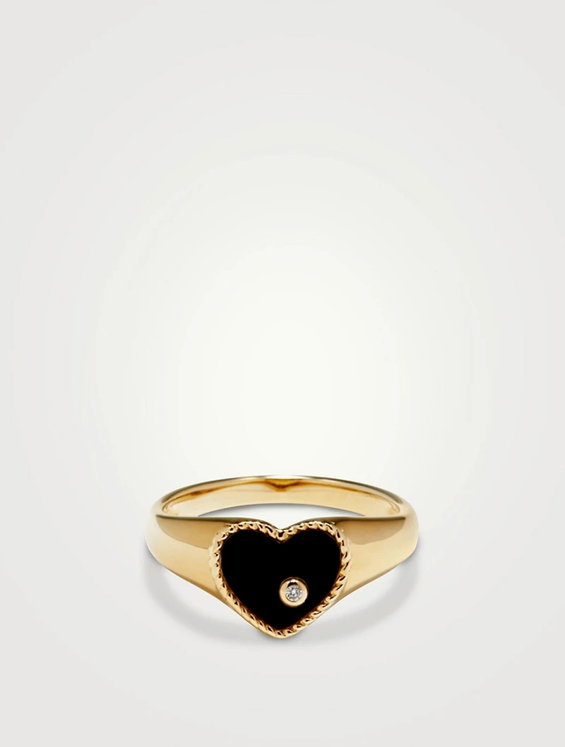Baby Chevaliere 9K Gold Heart Ring With Onyx And Diamond