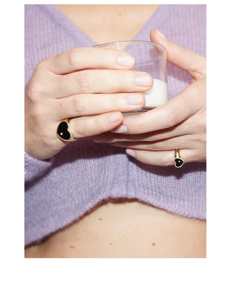 Baby Chevaliere 9K Gold Heart Ring With Onyx And Diamond