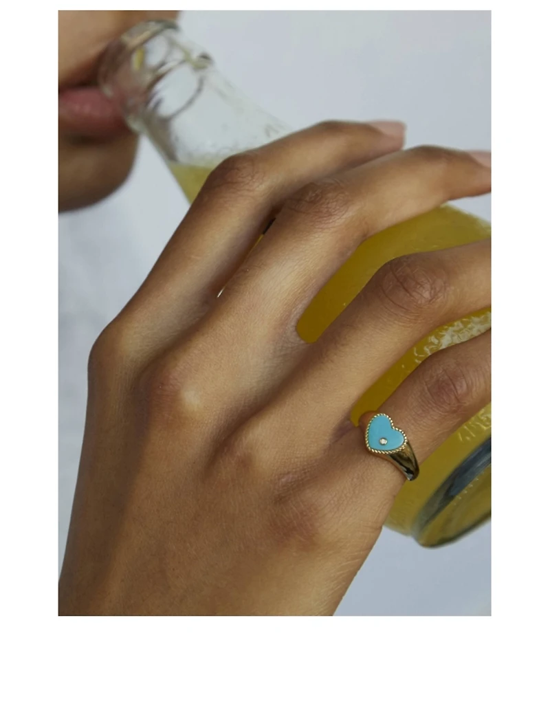 Baby Chevaliere 9K Gold Heart Ring With Turquoise And Diamond