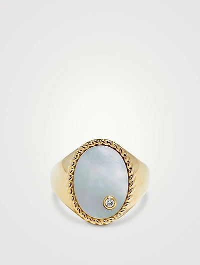 Chevaliere 9K Gold Oval Ring With Mother-Of-Pearl And Diamond