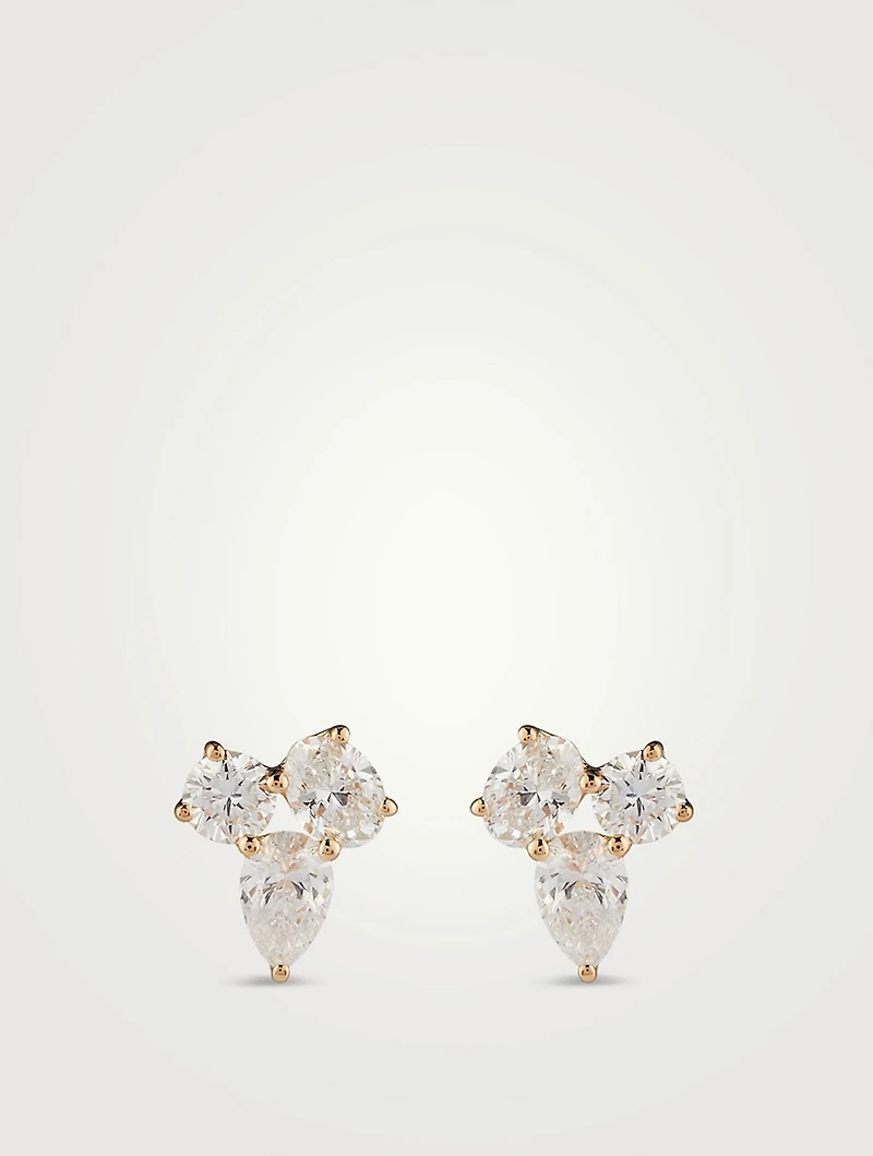 14K Gold Triple Diamond Cluster Stud Earrings