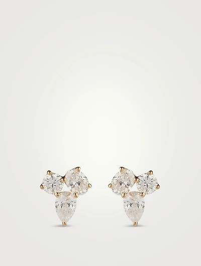 14K Gold Triple Diamond Cluster Stud Earrings