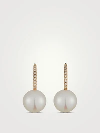 14K Gold Pearl Drop Earrings With Diamonds