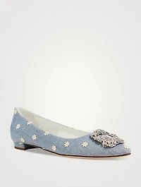 Hangisi Daisy-Embroidered Chambray Ballet Flats
