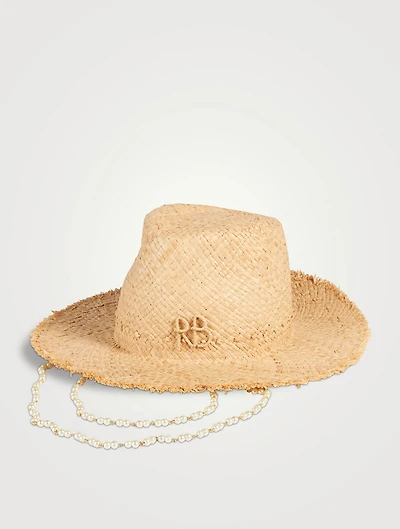 Straw Fedora Hat With Faux Pearl Chain