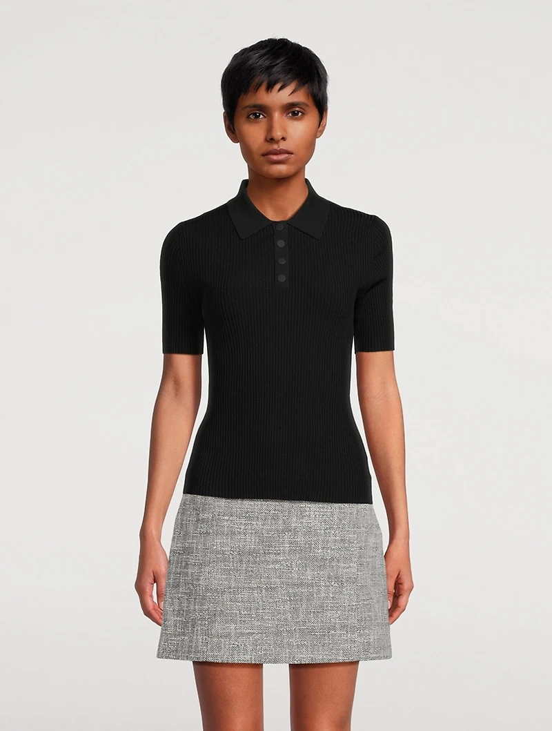 Ribbed Crepe Knit Polo Shirt