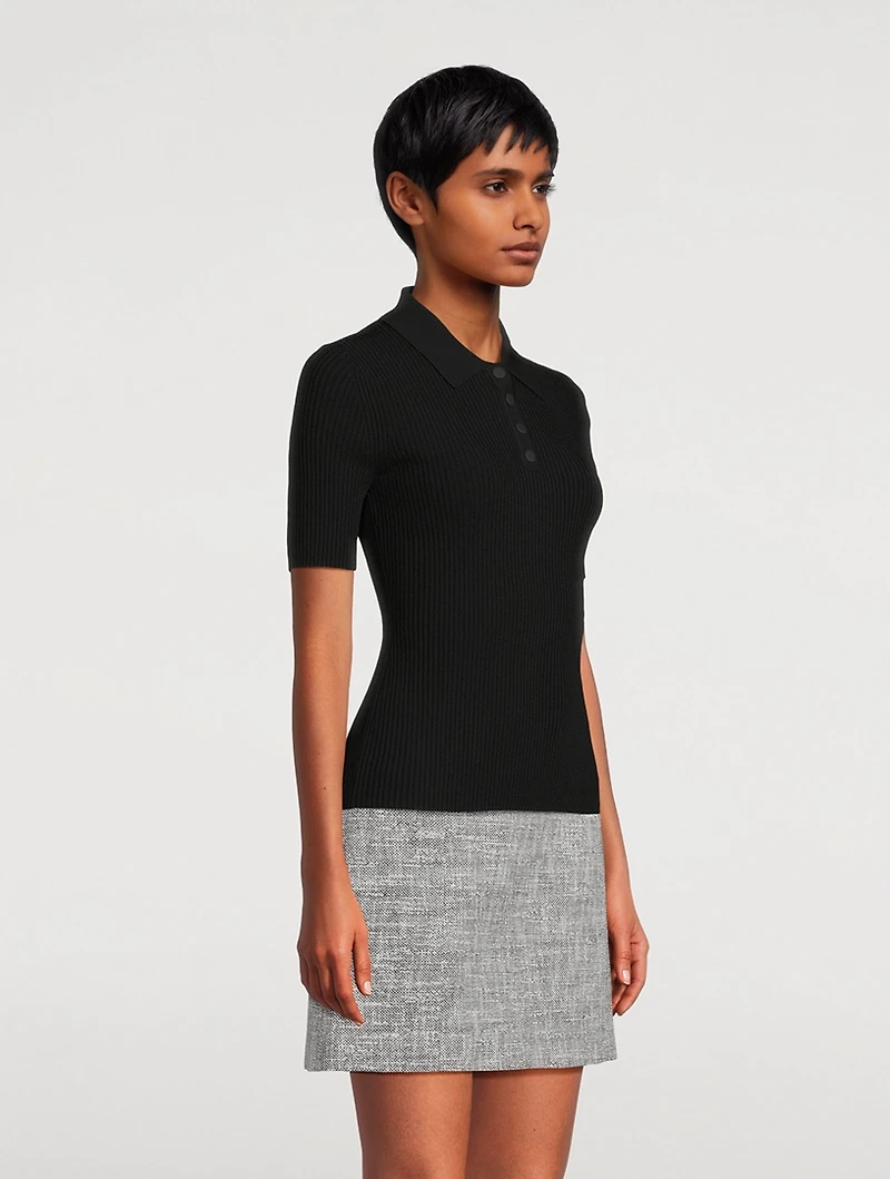 Ribbed Crepe Knit Polo Shirt
