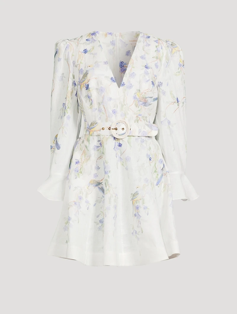 Natura Belted Linen Mini Dress Bird Print