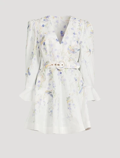 Natura Belted Linen Mini Dress Bird Print