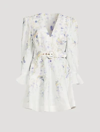 Natura Belted Linen Mini Dress Bird Print