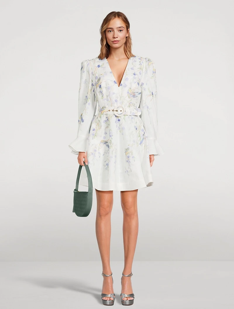 Natura Belted Linen Mini Dress Bird Print