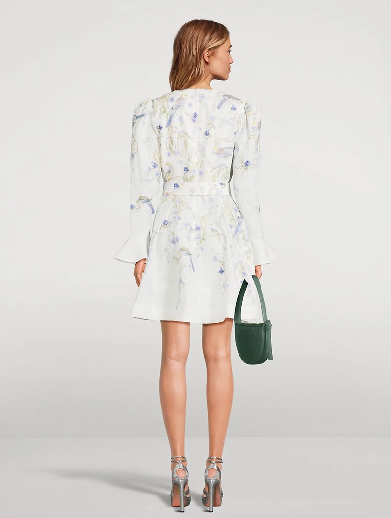 Natura Belted Linen Mini Dress Bird Print