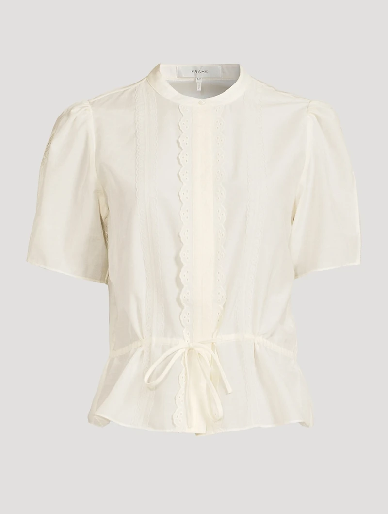 Cotton And Silk Cinched Lace Trim Blouse