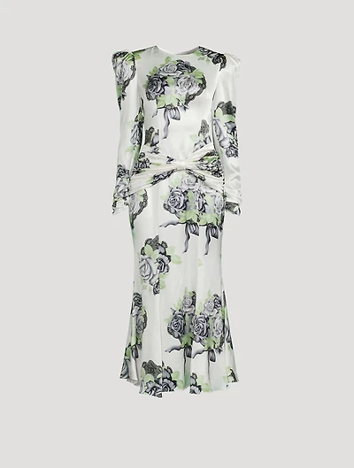 Silk Satin Midi Dress Rose Print