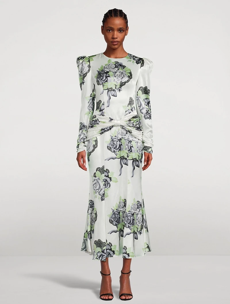 Silk Satin Midi Dress Rose Print
