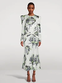 Silk Satin Midi Dress Rose Print