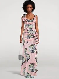 Silk Satin Evening Dress Rose Print
