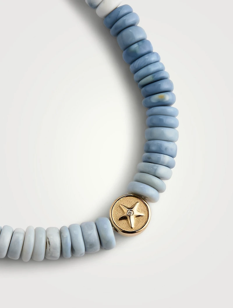 Blue Opal Heishi Bracelet With 14K Gold Diamond Starfish Clam Shell Charm