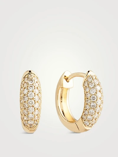 14K Gold Puffy Huggie Hoop Earrings With Diamonds