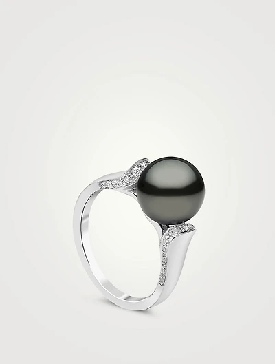 18K White Gold Tahitian Pearl Ring With Diamonds