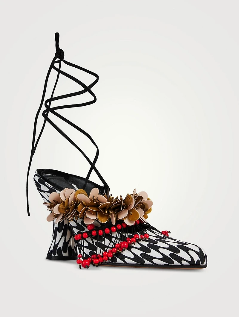 Embellished Ankle-Tie Pumps Geometric Print