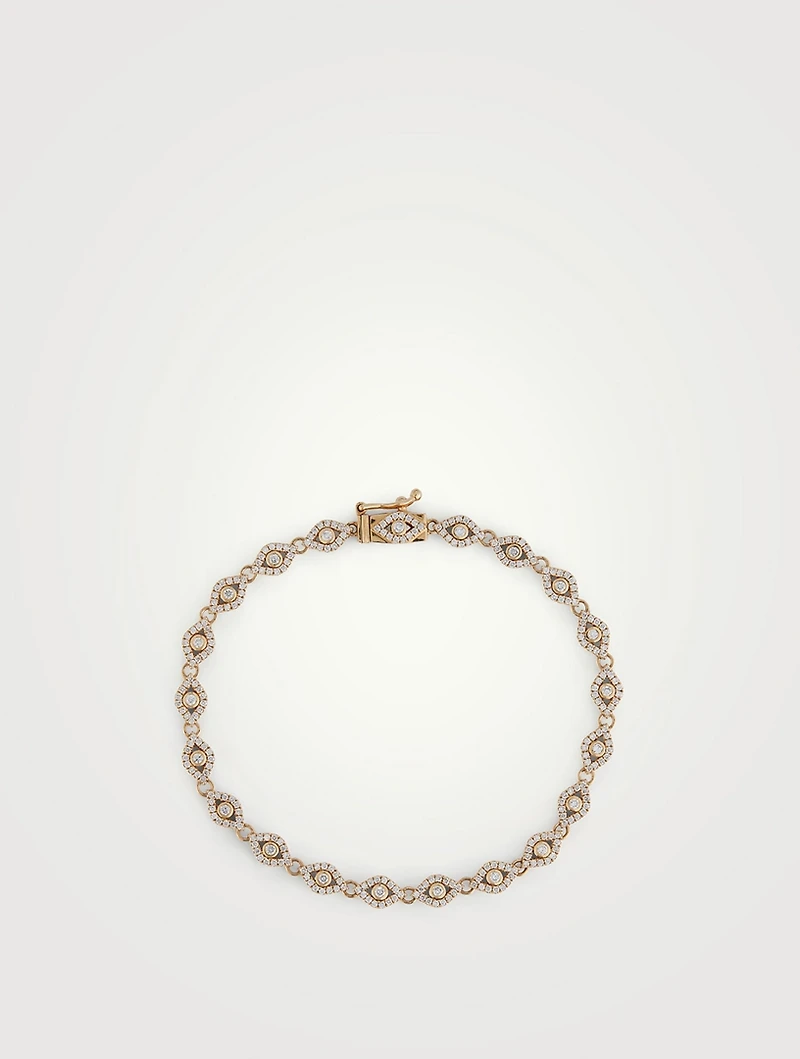 Small 14K Gold Bezel Evil Eye Link Bracelet With Diamonds