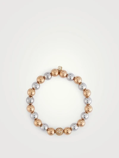 14K Gold Beaded Two-Tone Bracelet With 14K Gold 8mm Pavé Diamond Ball