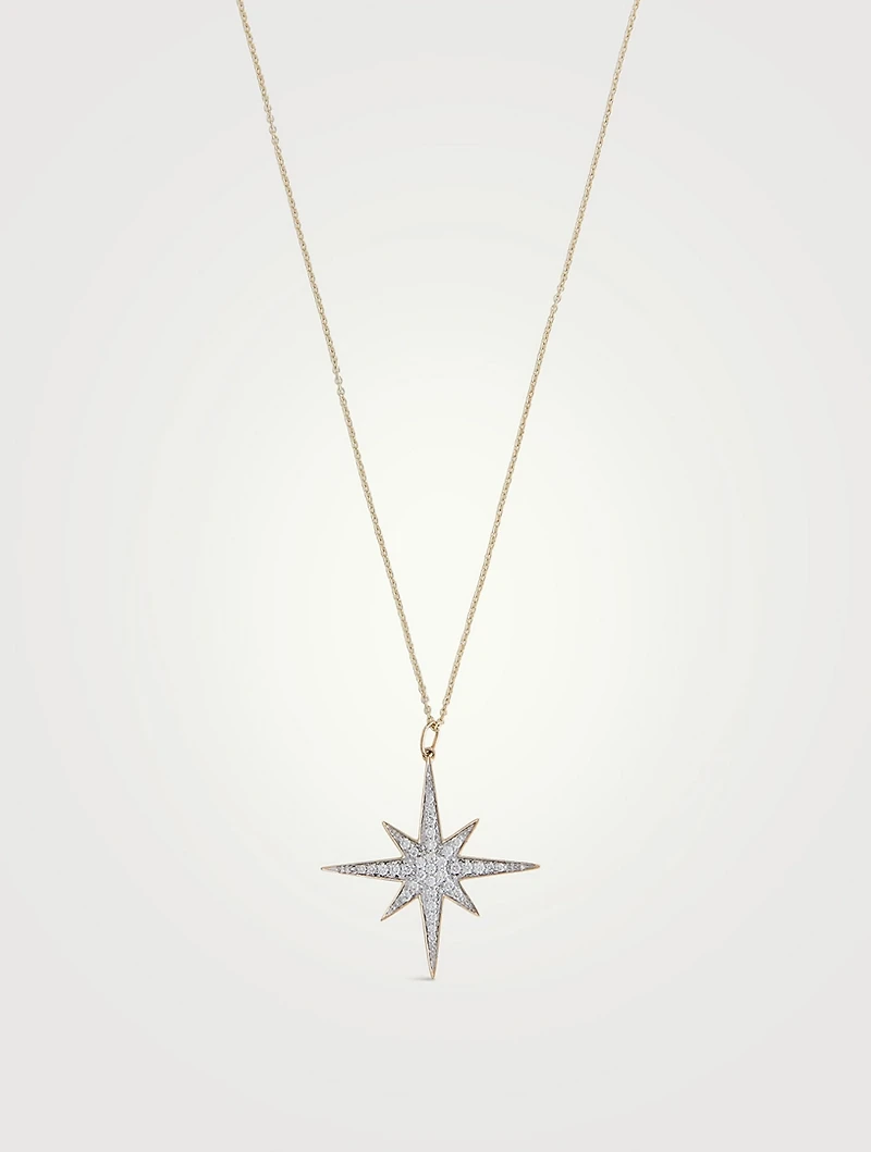 Large 14K Gold Starburst Pendant Necklace With Diamonds