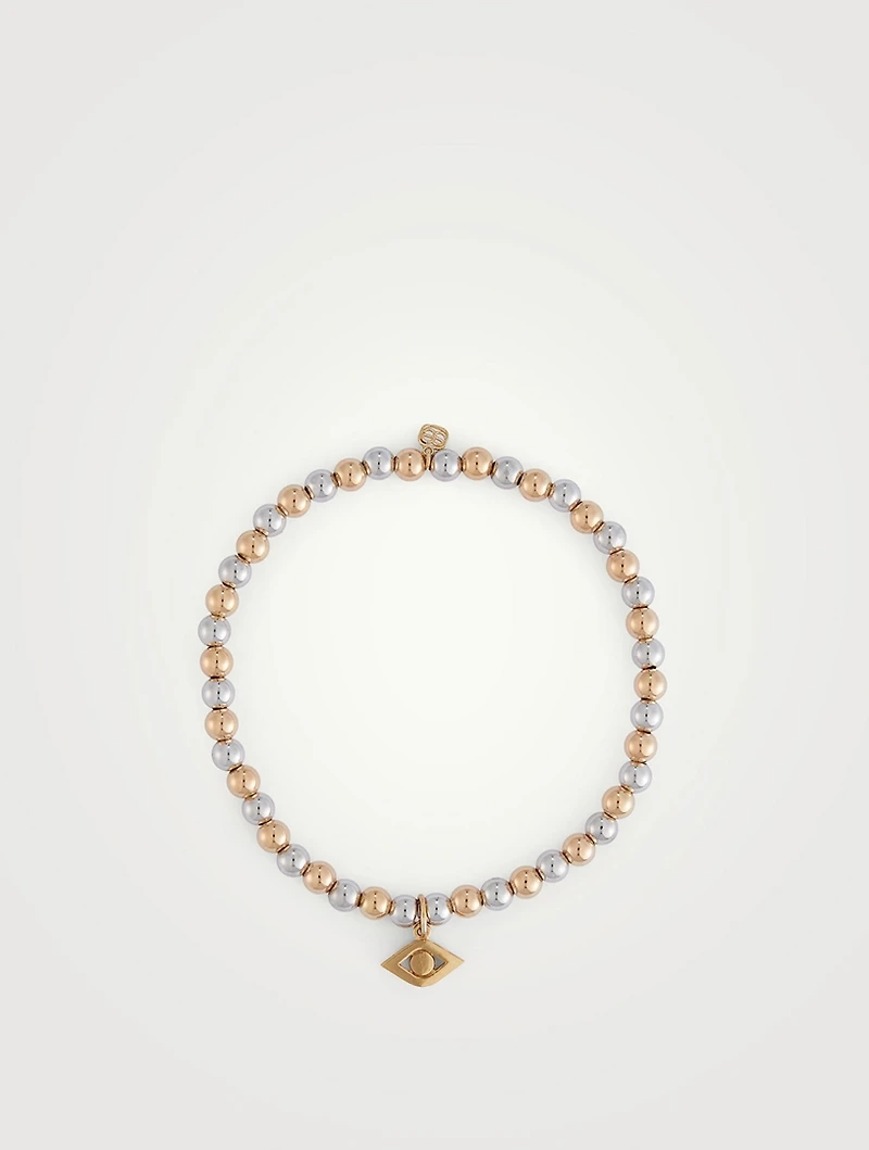 14K Gold Beaded Two-Tone Bracelet With Medium 14K Gold Evil Eye Charm
