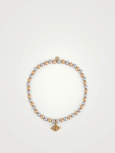 14K Gold Beaded Two-Tone Bracelet With Medium 14K Gold Evil Eye Charm