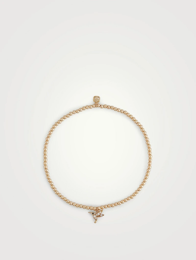 14K Gold Beaded Bracelet With Tiny 14K Gold Hummingbird Charm