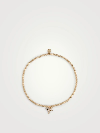 14K Gold Beaded Bracelet With Tiny 14K Gold Hummingbird Charm