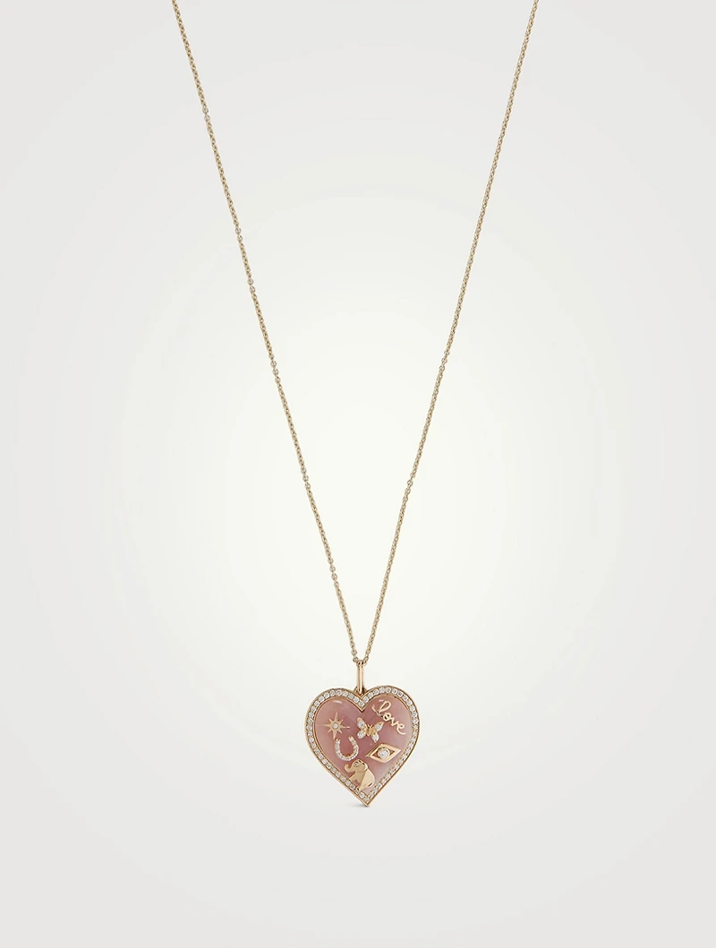 14K Gold Puffy Stone Icon Heart Pendant Necklace With Diamonds