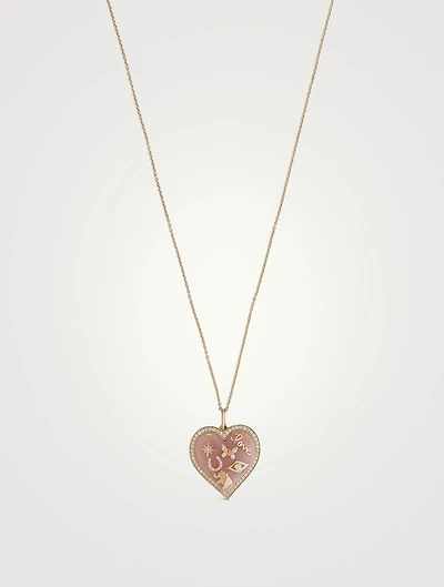 14K Gold Puffy Stone Icon Heart Pendant Necklace With Diamonds