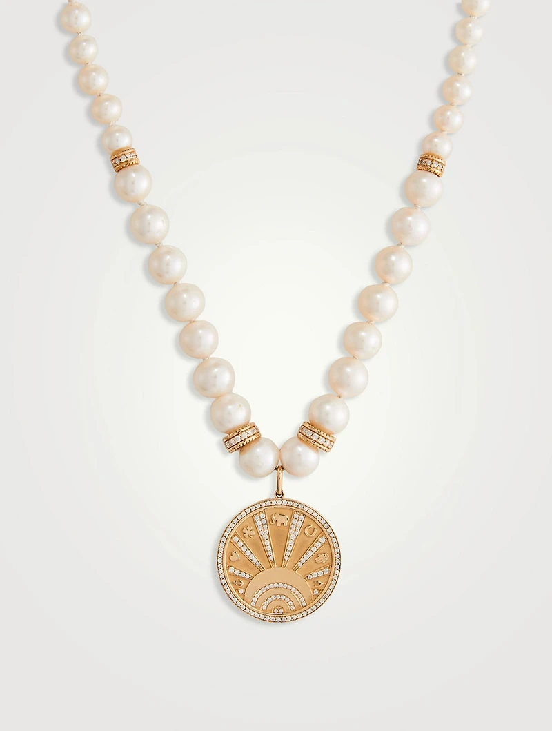 14K Gold Eye Luck Coin Beaded Pearl Combo Necklace With Diamonds