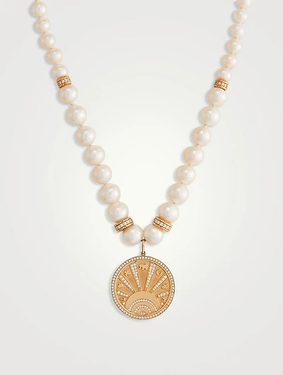 14K Gold Eye Luck Coin Beaded Pearl Combo Necklace With Diamonds