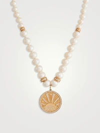 14K Gold Eye Luck Coin Beaded Pearl Combo Necklace With Diamonds