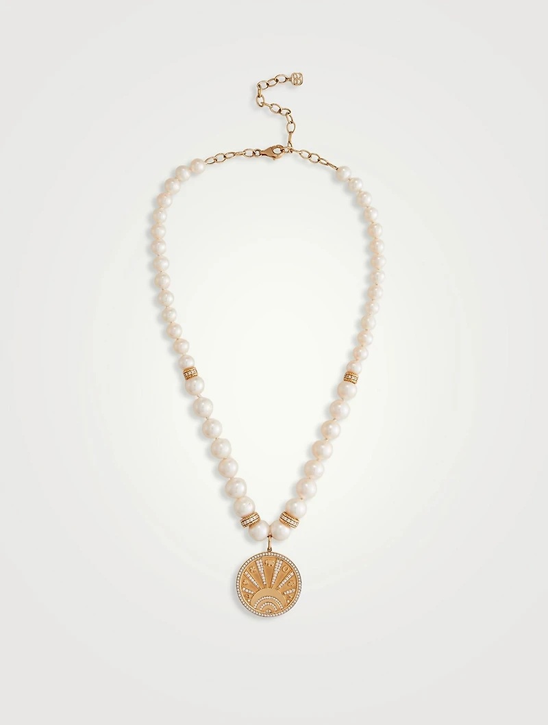 14K Gold Eye Luck Coin Beaded Pearl Combo Necklace With Diamonds