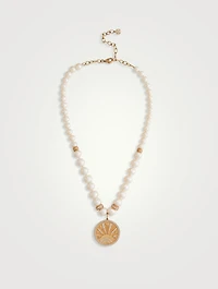 14K Gold Eye Luck Coin Beaded Pearl Combo Necklace With Diamonds