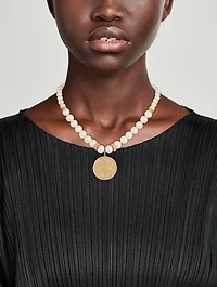 14K Gold Eye Luck Coin Beaded Pearl Combo Necklace With Diamonds