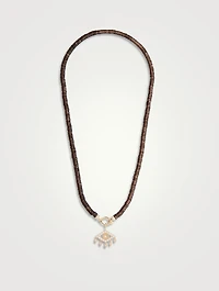 Smokey Topaz Beaded Necklace With 14K Gold Marquise Fringe Evil Eye Charm With Diamonds