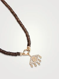 Smokey Topaz Beaded Necklace With 14K Gold Marquise Fringe Evil Eye Charm With Diamonds