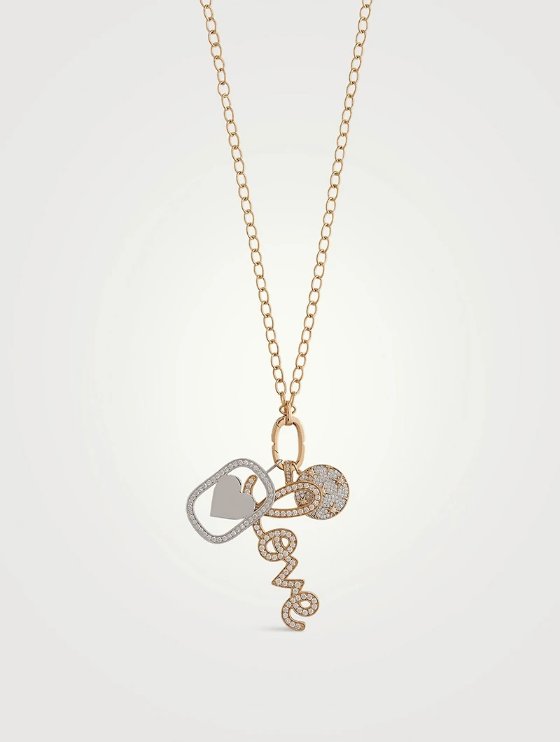 XL 14K Gold Starburst, Love Script, And Star Chain Combo Necklace With Diamonds