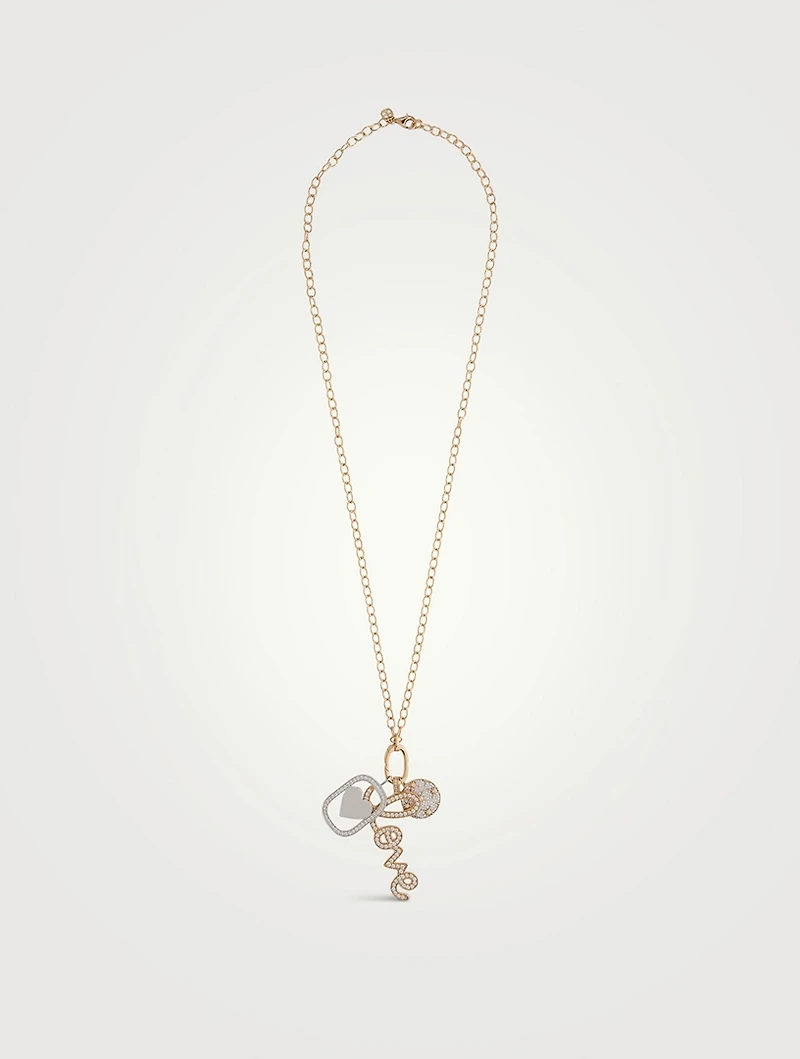 XL 14K Gold Starburst, Love Script, And Star Chain Combo Necklace With Diamonds