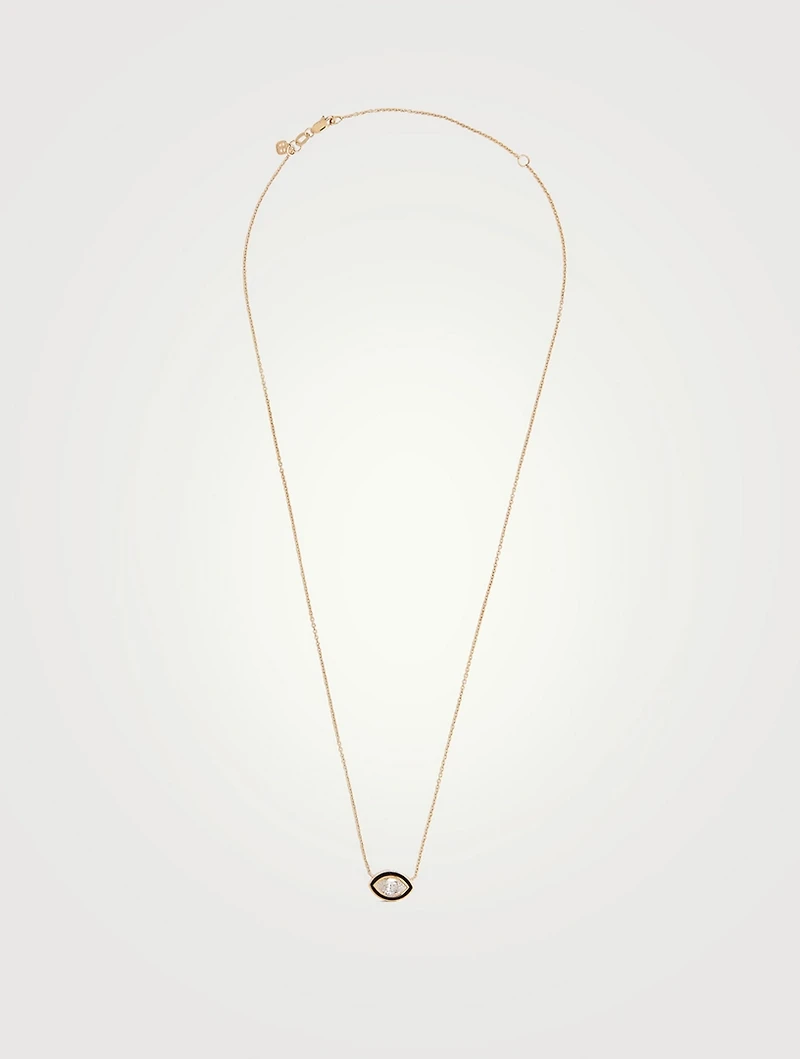 14K Gold Single Stone Enamel Marquise Necklace With Diamond