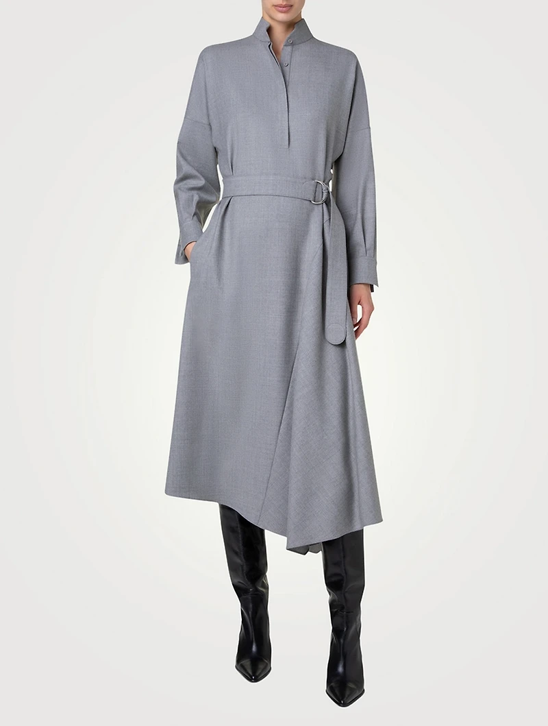 Belted Wool Flannel Shirt Dress