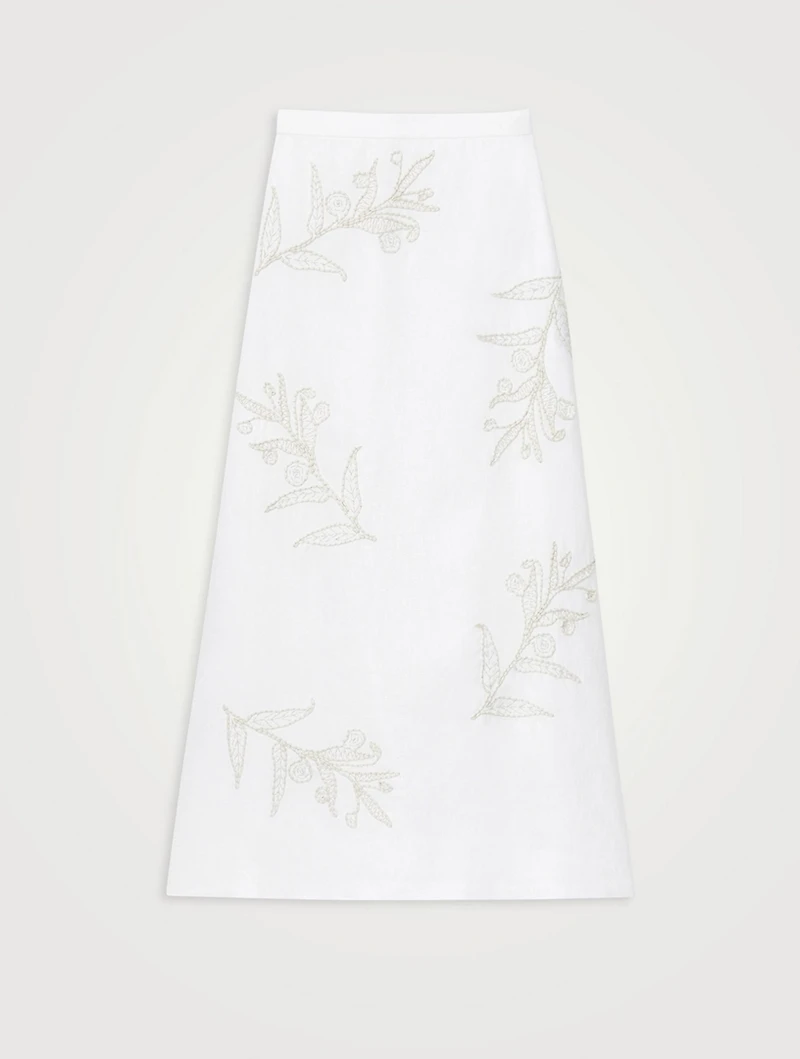 Flora-Embroidered Linen Midi Skirt