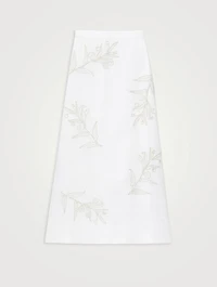 Flora-Embroidered Linen Midi Skirt