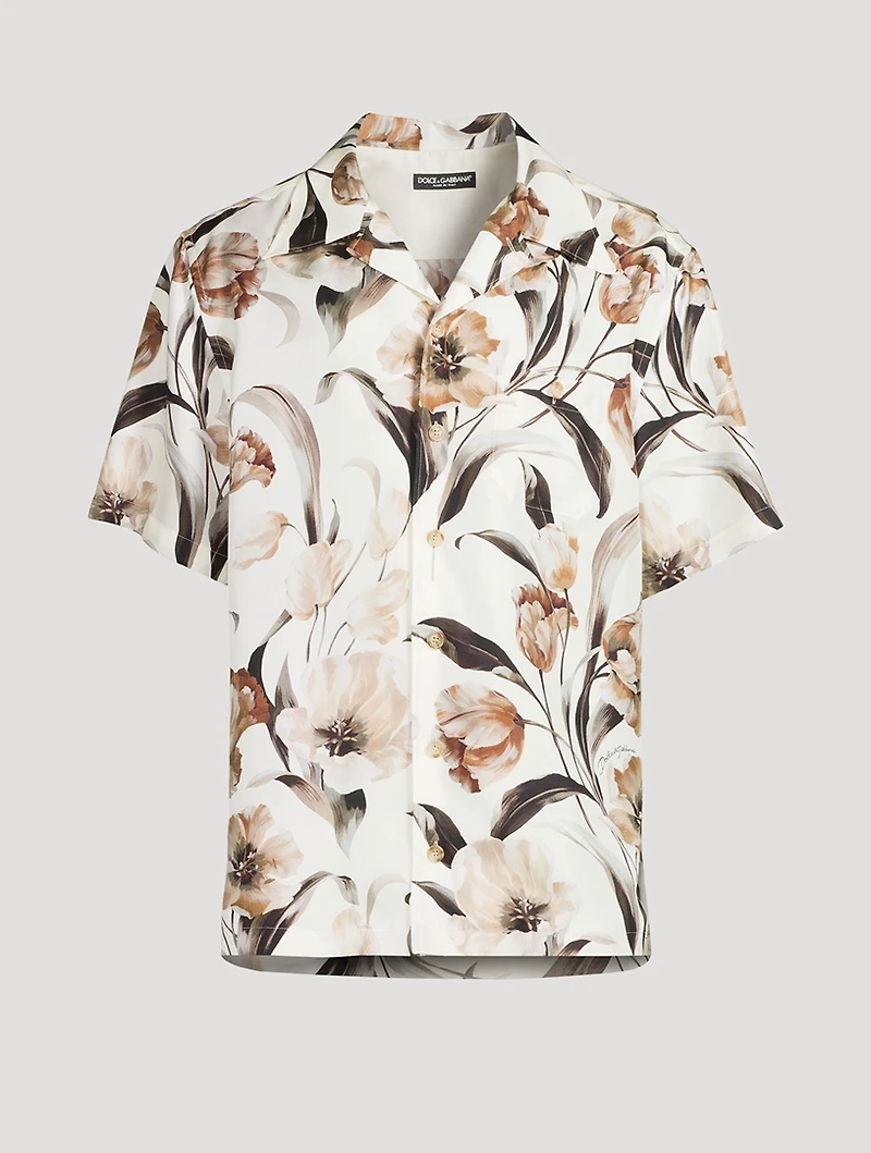 Silk Short-Sleeve Shirt Floral Print