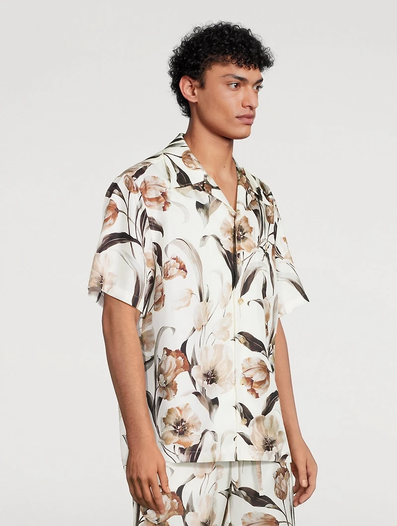 Silk Short-Sleeve Shirt Floral Print